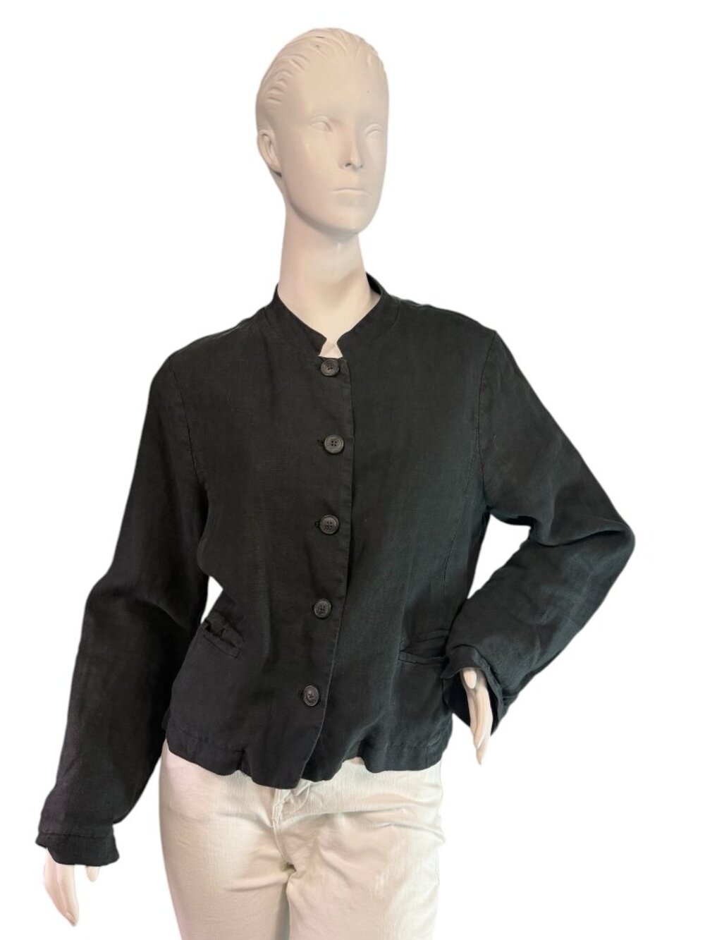 Poetry Boxy Short Jacket with Nehru Collar Black Linen Button Up $129 Size 8